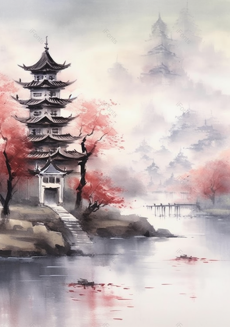 红色中国风插画古典建筑房屋楼阁背景,插画/手绘图,插画/手绘图库,插画/手绘图下载,插画/手绘
